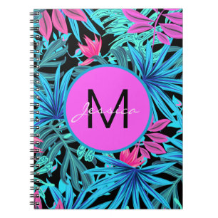 Neon Pink Blue Tropical Plant Pattern Personalised Notebook