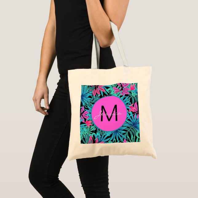 Neon Pink Blue Tropical Plant Pattern Personalised Tote Bag (Front (Product))