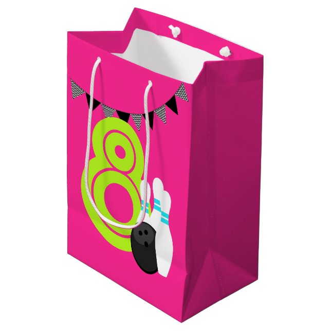 Neon Pink Bowling Birthday Gift Bag (Front Angled)