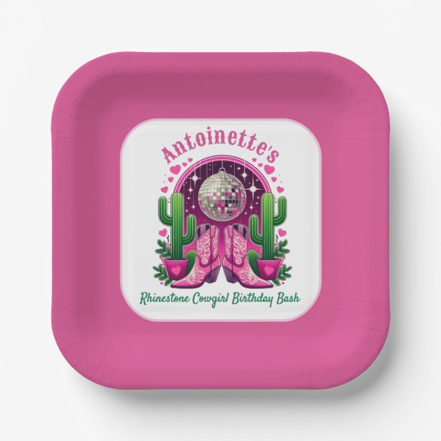 Neon Pink Cowgirl Boots & Disco Ball Bachelorette Paper Plate (Front)