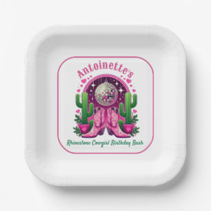 Neon Pink Cowgirl Boots & Disco Ball Bachelorette Paper Plate