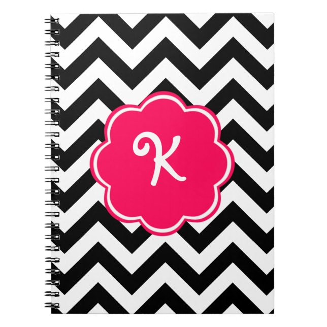 Neon Pink Custom Monogram with Chevron Pattern Notebook (Front)