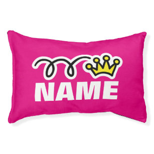 Neon pink dog bed with princess crown and pet name