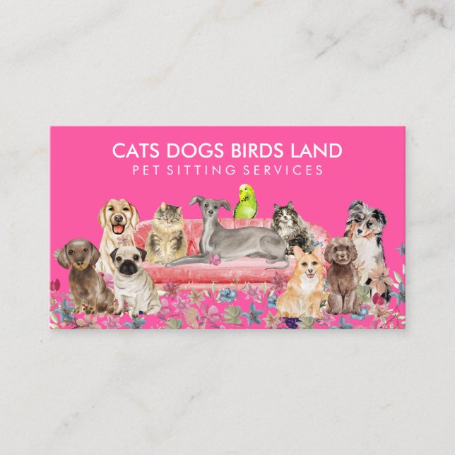 Neon Pink Dog Cat Bird Hotel Sofa Pet Sitting Business Card (Front)