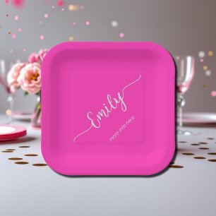 neon pink elegant script paper plate