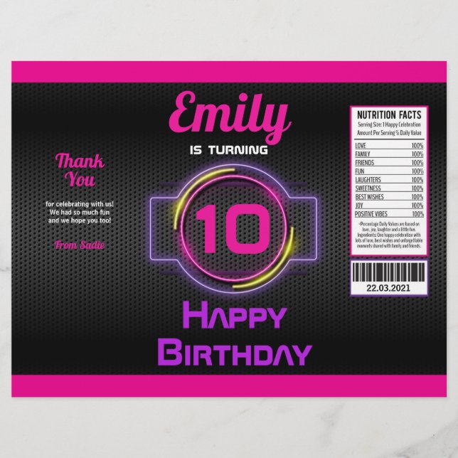 Neon Pink Girl Birthday Party Chip Bag Wrapper (Front)