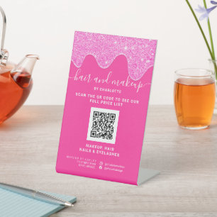 Neon pink glitter drips makeup digital QR price Pedestal Sign