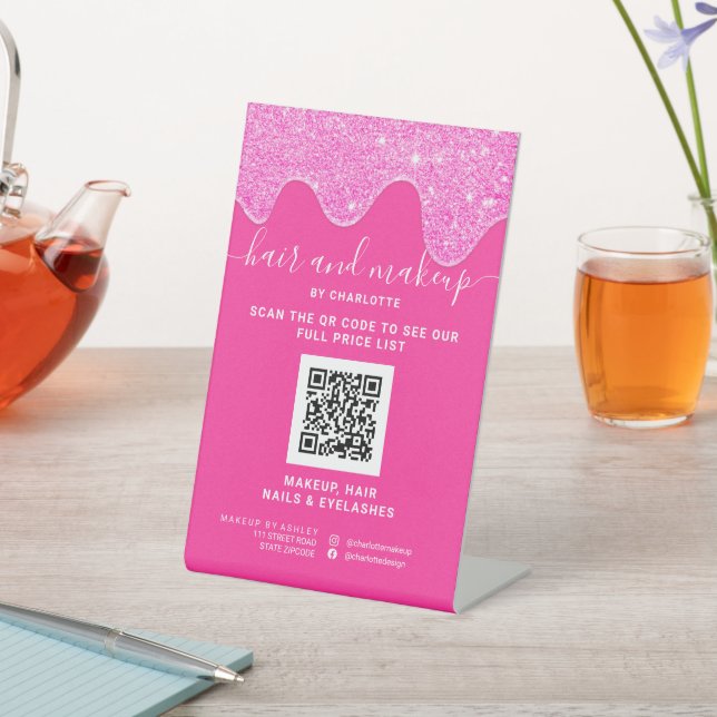 Neon pink glitter drips makeup digital QR price Pedestal Sign (In SItu)