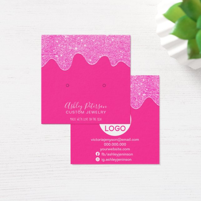 Neon pink glitter drips studs earrings display (Desk)