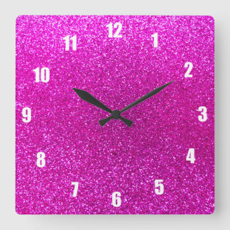 Neon pink glitter square wall clock
