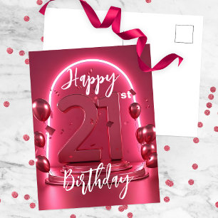 Neon Pink Glowing Balloons Confetti 21st Birthday Postcard
