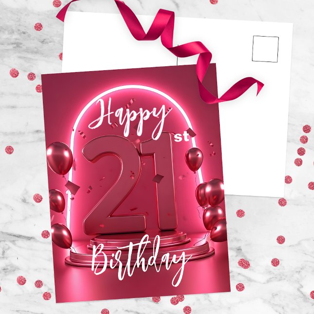 Neon Pink Glowing Balloons Confetti 21st Birthday Postcard (Creator Uploaded)