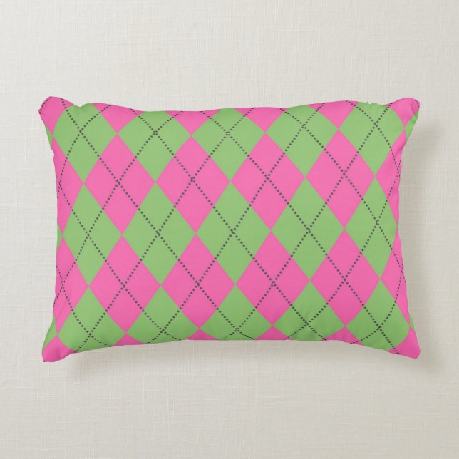 Neon Pink Green Argyle Pattern Decorative Cushion (Front)