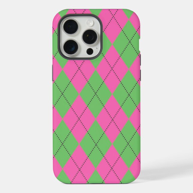 Neon Pink Green Diagonal Geometric Y2K Pattern iPhone Case (Back)