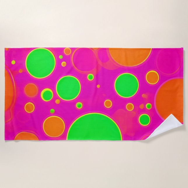Neon Pink & Green Retro Circle Design Beach Towel (Front)