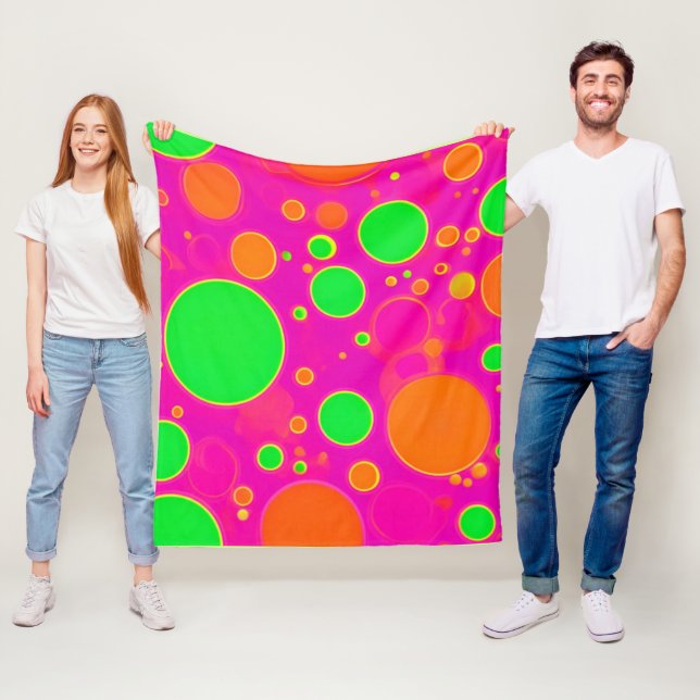 Neon Pink & Green Retro Circle Design Fleece Blanket (In Situ)