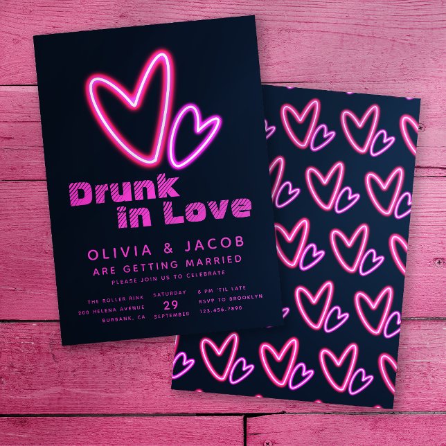 Neon Pink Hearts Drunk in Love Wedding Shower Invitation (Creator Uploaded)