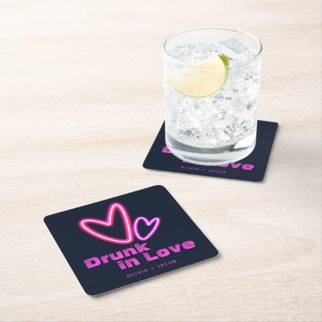 Neon Pink Hearts Drunk in Love Wedding Square Paper Coaster (Insitu)