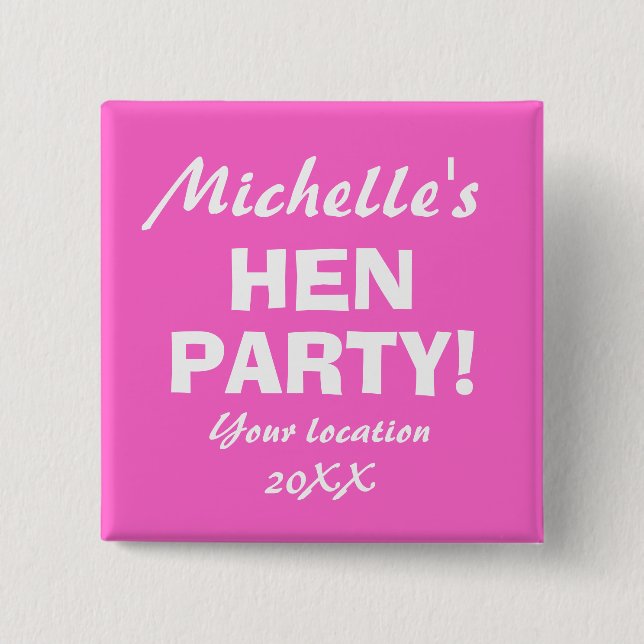 Neon pink hen party badge button for girls night (Front)