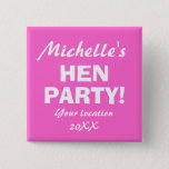 Neon pink hen party badge button for girls night<br><div class="desc">Personalised Neon pink hen party badge button for hens night. Fun bachelorette party / bridal shower accessories for bride to be and bridesmaids on girls night out or girls weekend. Custom Team bride buttons for wedding / bachelor / bachelorette / bridal party. Cute celebration pins before the wedding day. Make...</div>