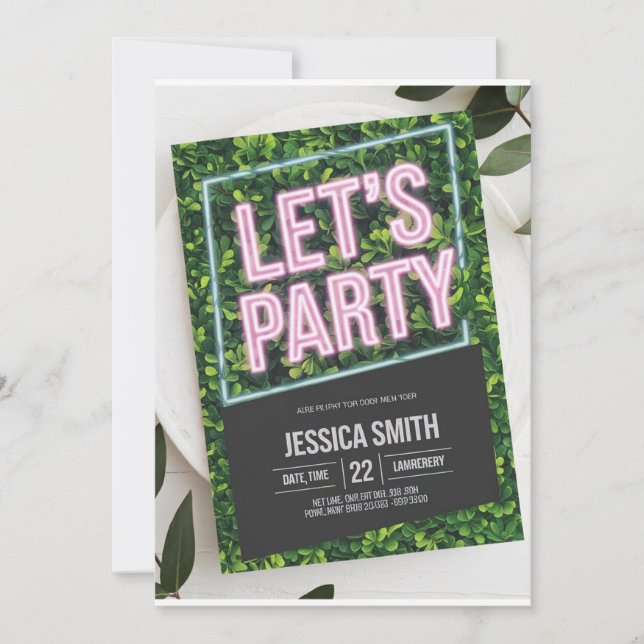 Neon Pink "Let's Party" Boxwood Birthday Invitatio Invitation (Front)