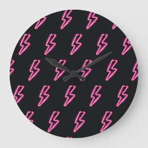 Neon Pink Lightning: Dark Background. Large Clock