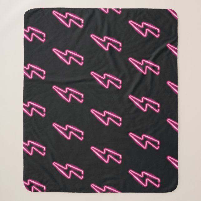 Neon Pink Lightning: Dark Background. Sherpa Blanket (Front)