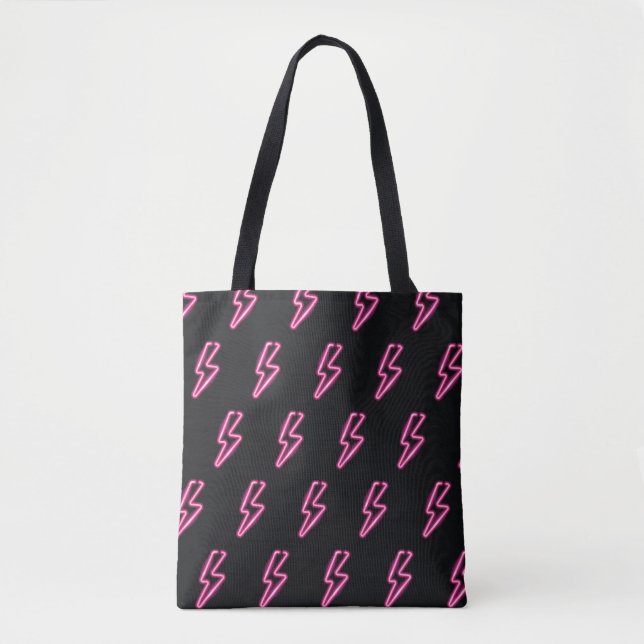Neon Pink Lightning: Dark Background. Tote Bag (Front)