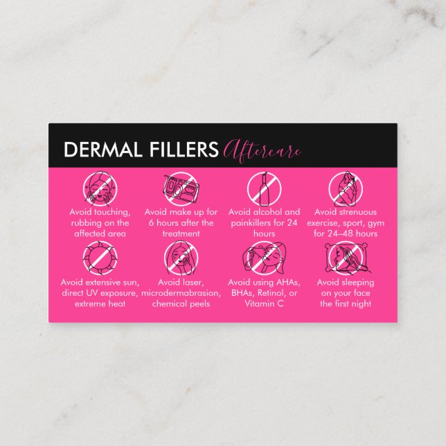 Neon Pink Modern Dermal Fillers Aftercare Business Card (Back)