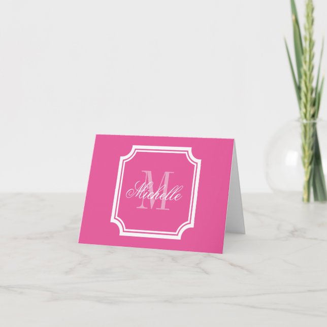 Neon pink monogram note cards with elegant border (Front)