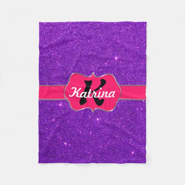 Neon Pink Monogram on Purple Glitter Fleece Blanket (Front)
