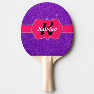 Neon Pink Monogram on Purple Glitter Ping Pong Paddle
