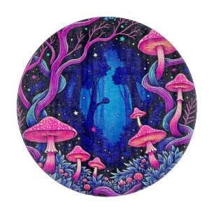 Neon Pink Mushroom Forest Art Cutting Board