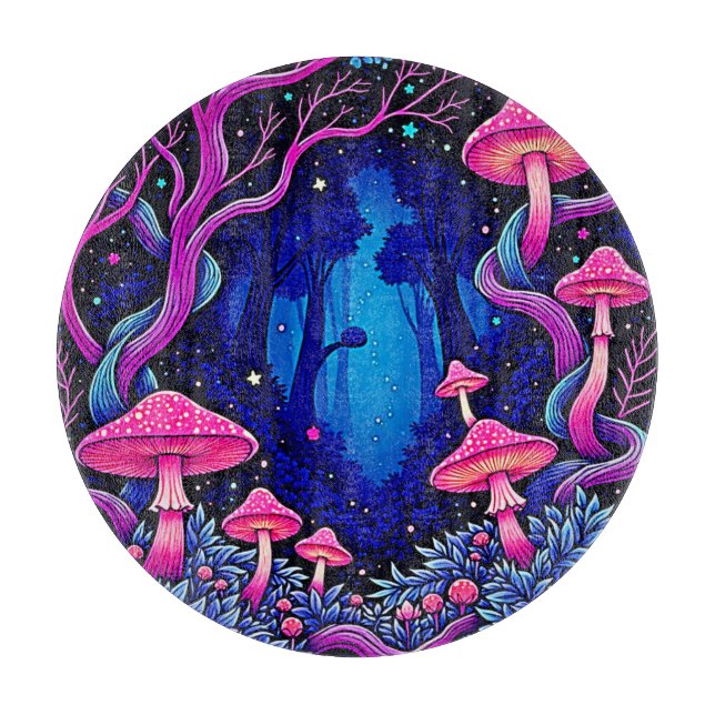 Neon Pink Mushroom Forest Art Cutting Board (Front)