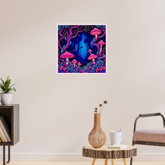 Neon Pink Mushroom Forest Art Poster (Living Room 3)