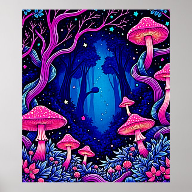 Neon Pink Mushroom Forest Art Poster (Front)