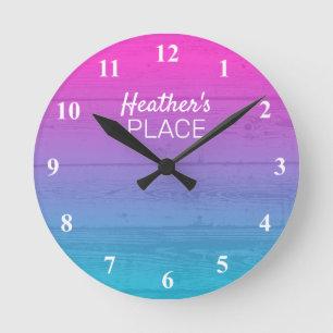 Neon pink ombre gradient wood grain round clock
