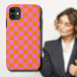 Neon Pink Orange Chequered Chequerboard Vintage Case-Mate iPhone Case<br><div class="desc">Neon Pink and Orange Chequered Chequerboard | Vintage | Classic | Trendy | Stylish | Fashion | Minimal</div>
