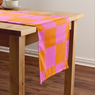Neon Pink Orange Chequered Chequerboard Vintage Short Table Runner