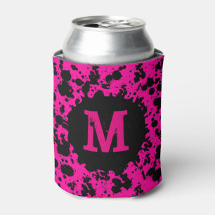 Neon pink paint splatter monogram can cooler