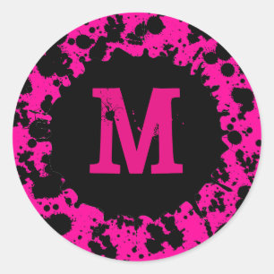 Neon pink paint splatter monogram stickers