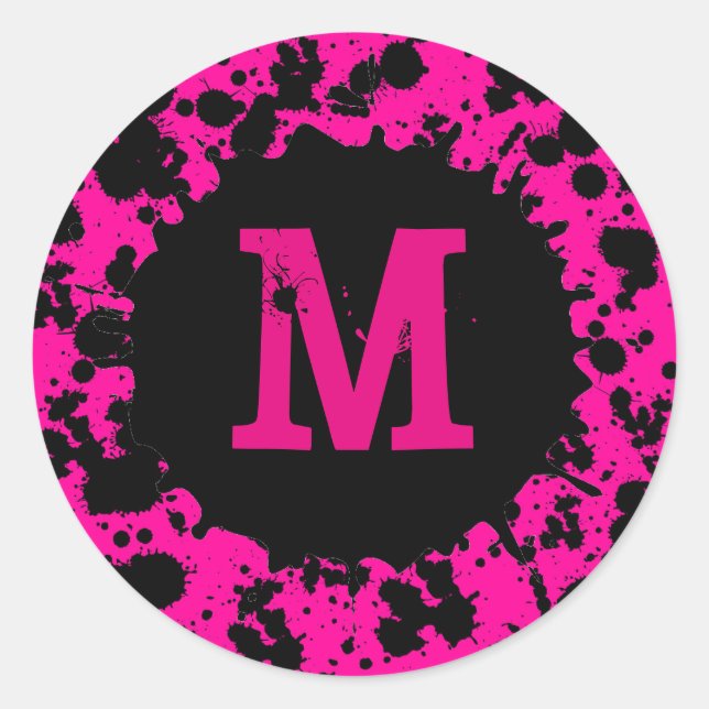 Neon pink paint splatter monogram stickers (Front)