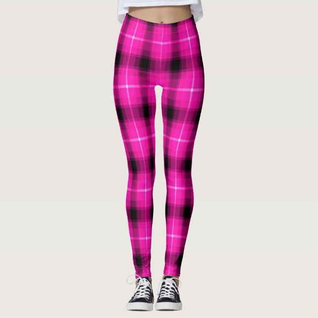 Neon Pink Plaid Black Light Leggings (Front)