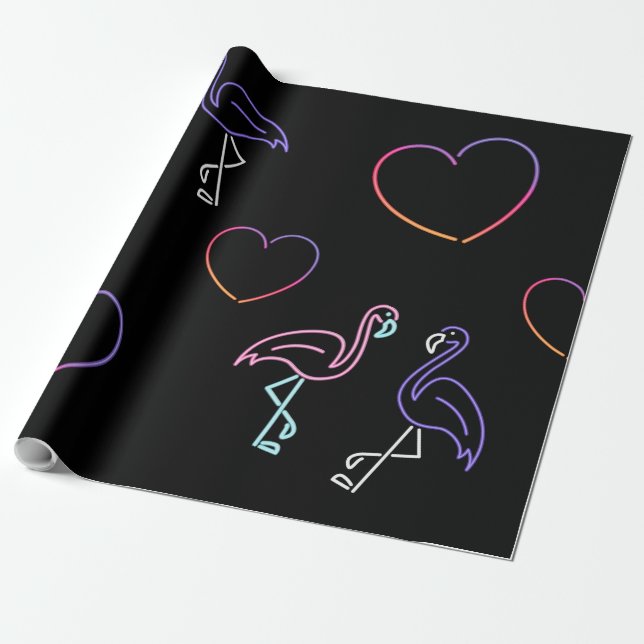 Neon Pink Purple Flamingo and Hearts  Wrapping Paper (Unrolled)
