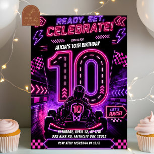 Neon Pink Purple Girl Racing 10th Birthday Party Invitation