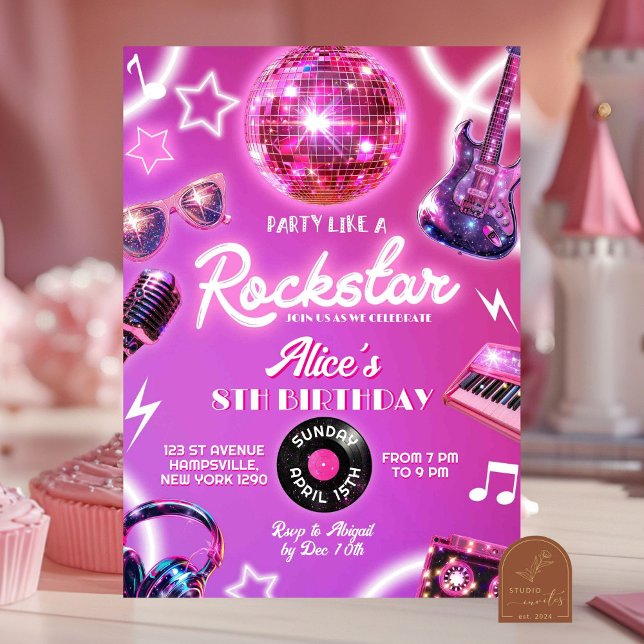 Neon Pink Purple Rockstar Teen Girl Birthday Party Invitation (Creator Uploaded)