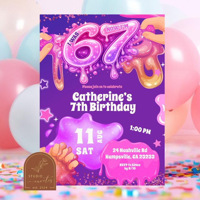 Neon Pink Purple Slime 67 Birthday Invitation (Creator Uploaded)