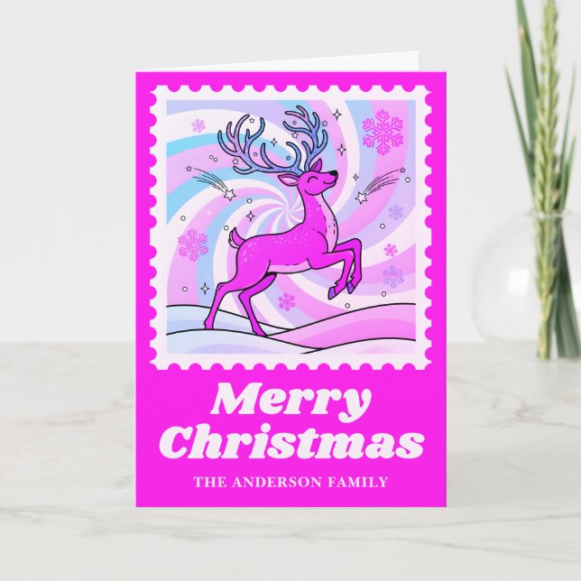 Neon Pink Reindeer Christmas Postage Stamp Holiday Card (Front)