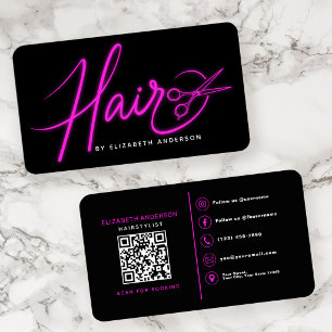 Neon Pink Retro Script Hairstylist QR Code Business Card