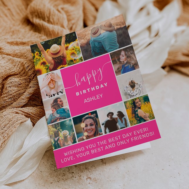 Neon pink simple birthday 10 photo collage grid card (Creator Uploaded)